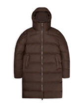 Rains 15130-23 Frame Alta Longer Puffer Jacket Frame is a dark brown extra warm winter coat with puffer chambers and fleece lined side pockets for extra warmth