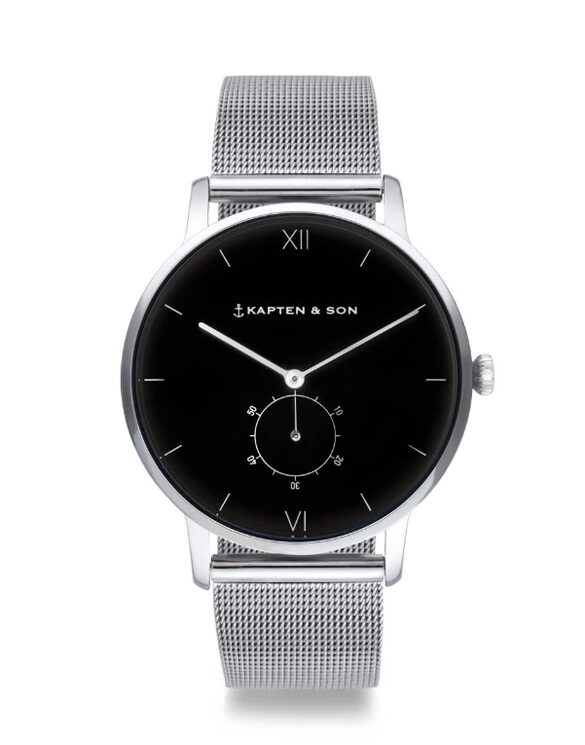 Kapten & Son Heritage Silver Black Mesh Watch