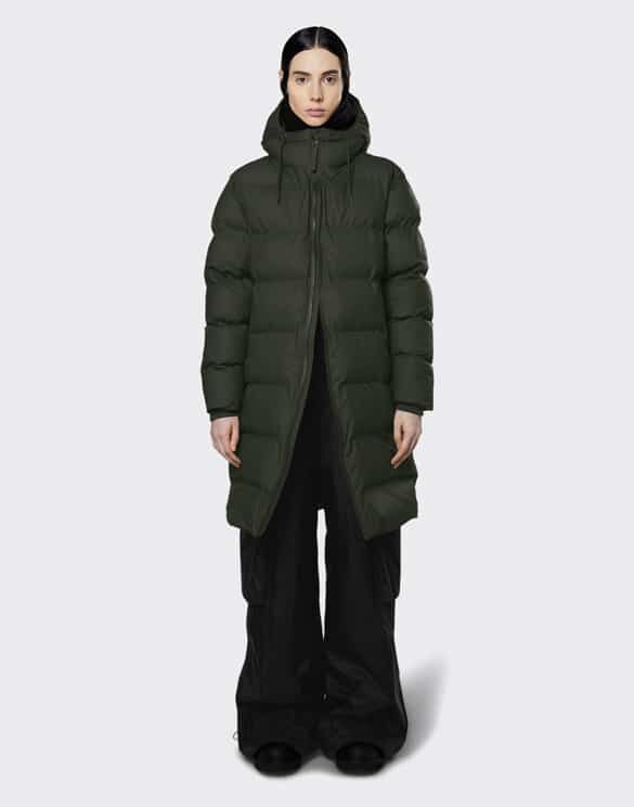 Rains 15070-03 Long Puffer Jacket Green Talvejope Mehed Naised Ülerõivad Ülerõivad Talvejoped ja mantlid Talvemantlid ja -joped