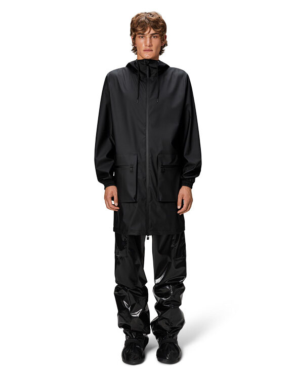 Rains 19850-01 Black Cargo Long Jacket Black Vihmajakk Mehed Naised Ülerõivad  Vihmajakid