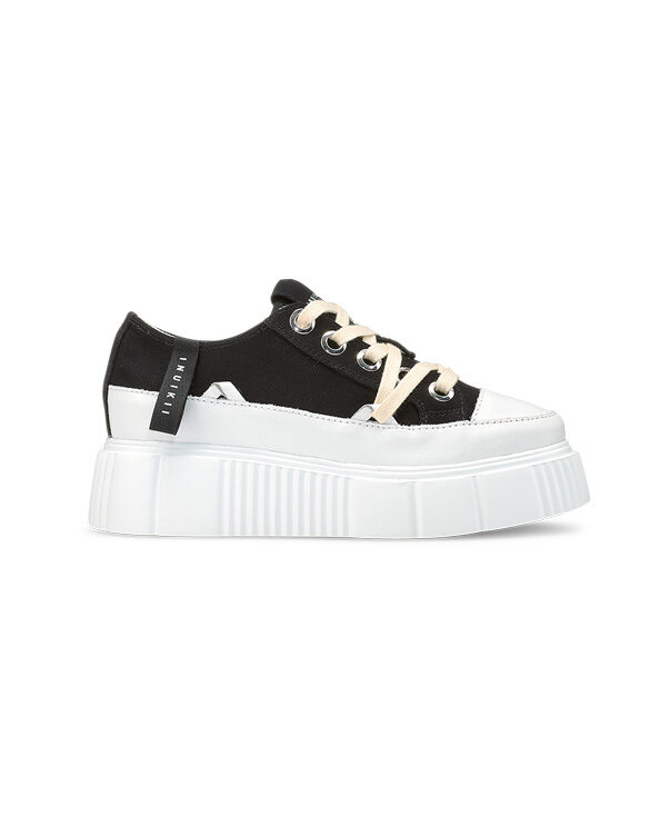 Sustainable Inuikii Matilda Canvas Low Black Sneakers made from premium cotton and LWG certified leather with a lightweight chunky platform sole