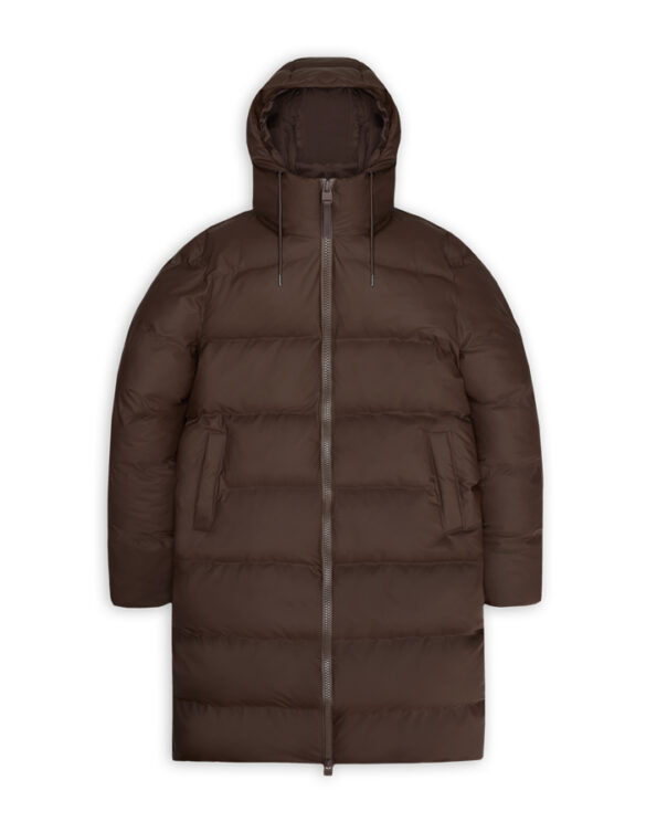 Rains 15130-23 Frame Alta Longer Puffer Jacket Frame is a dark brown extra warm winter coat with puffer chambers and fleece lined side pockets for extra warmth