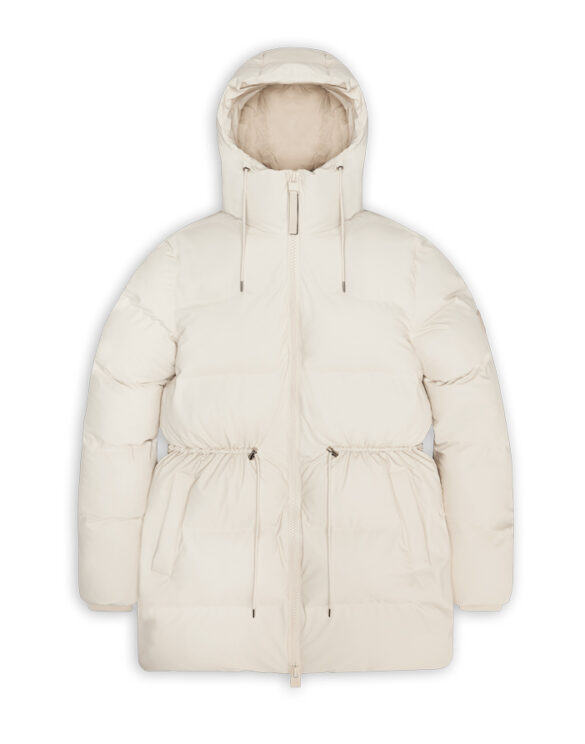 Rains 15160-26 Dune Alta Long Puffer String W Jacket Dune is a light beige extra warm women's winter coat with an adjustable waist and puffer chambers