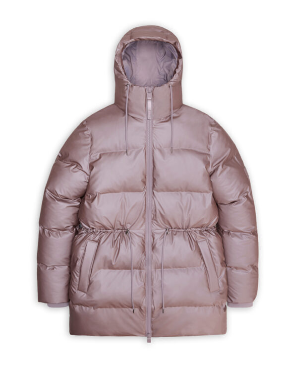 Rains 15160-37 Alta Long Puffer String W Jacket Muse is a metallic pink women's winter jacket with an adjustable waist
