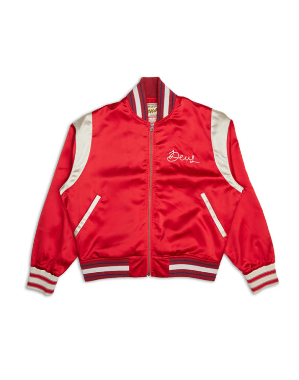 Deus Ex Machina Memento Mori Jacket Race Red satin bomber jacket with embroidered art in front and back
